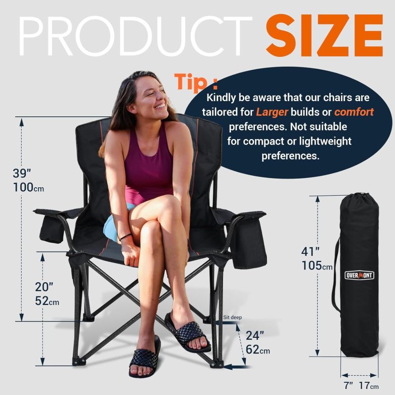 Overmont Oversized Folding Camping Chair - 450lbs Support with Padded Cushion Cooler Pockets - Heavy Duty Collapsible Chairs for Sports Garden Beach Fishing - Image 3