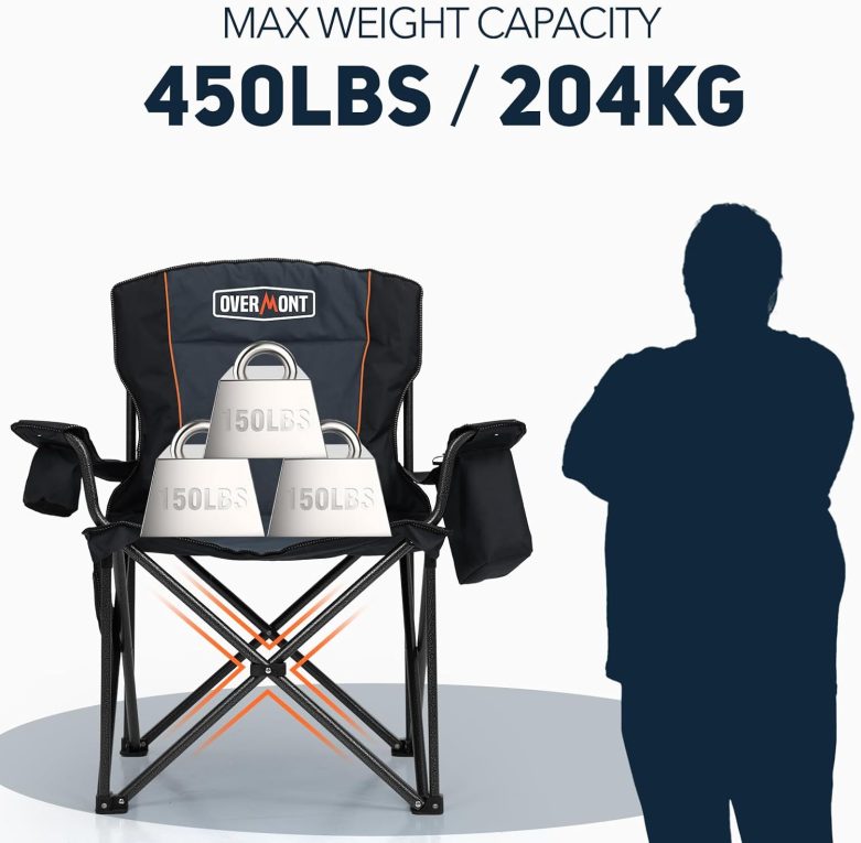Overmont Oversized Folding Camping Chair - 450lbs Support with Padded Cushion Cooler Pockets - Heavy Duty Collapsible Chairs for Sports Garden Beach Fishing - Image 4