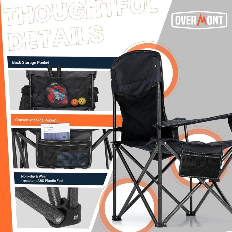 Overmont Oversized Folding Camping Chair - 450lbs Support with Padded Cushion Cooler Pockets - Heavy Duty Collapsible Chairs for Sports Garden Beach Fishing - Image 9