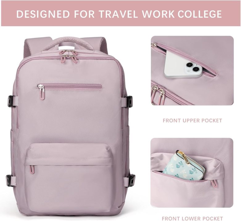 Travel Laptops Backpack for Women Men, Casual Work Bag 17inch Backpack Airline Approved Backpack for Hiking Business (Pink khaki) - Image 2