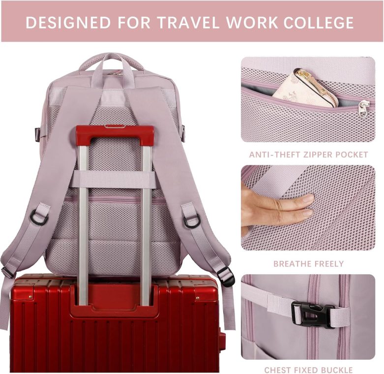 Travel Laptops Backpack for Women Men, Casual Work Bag 17inch Backpack Airline Approved Backpack for Hiking Business (Pink khaki) - Image 4
